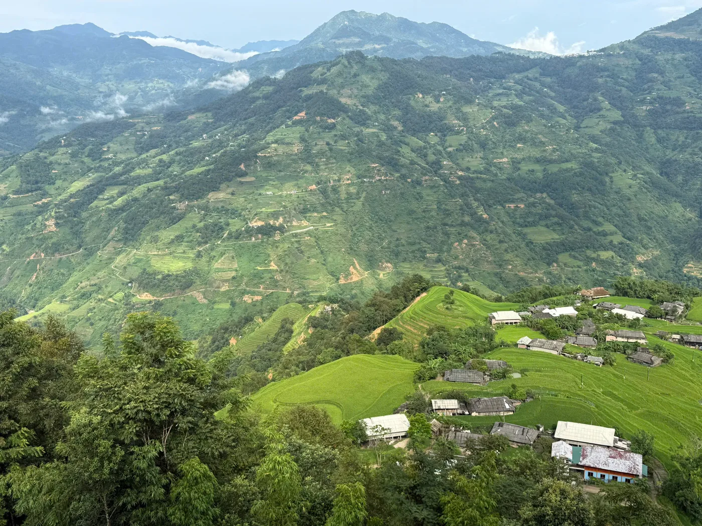 Green terraced hillsides and houses below forested ridges