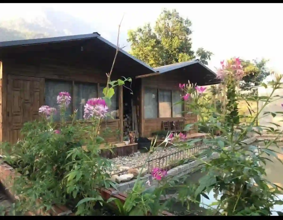 Wooden Sapa homestay bungalows set among pink flowers and greenery in a village