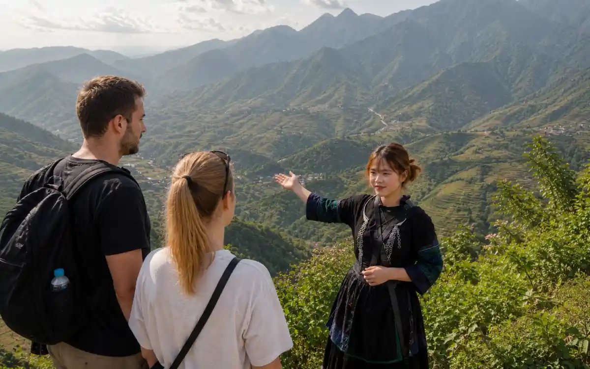 Private trekking group with a local guide in the Sapa rice terraces
