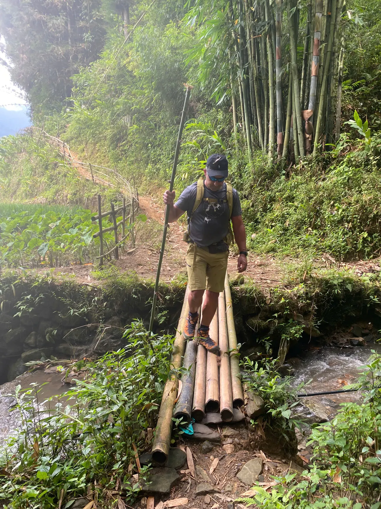 Hiker with a pack crossing a stream on bamboo poles.