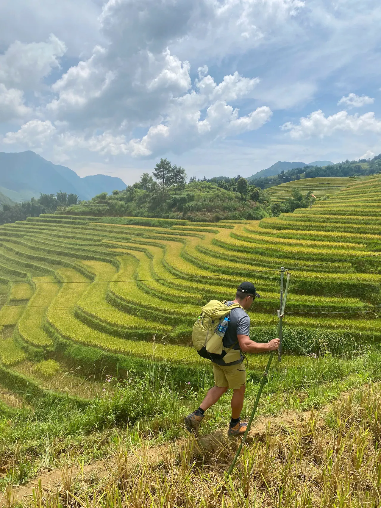 Hiker with a pack walking beside curved rice terraces.
